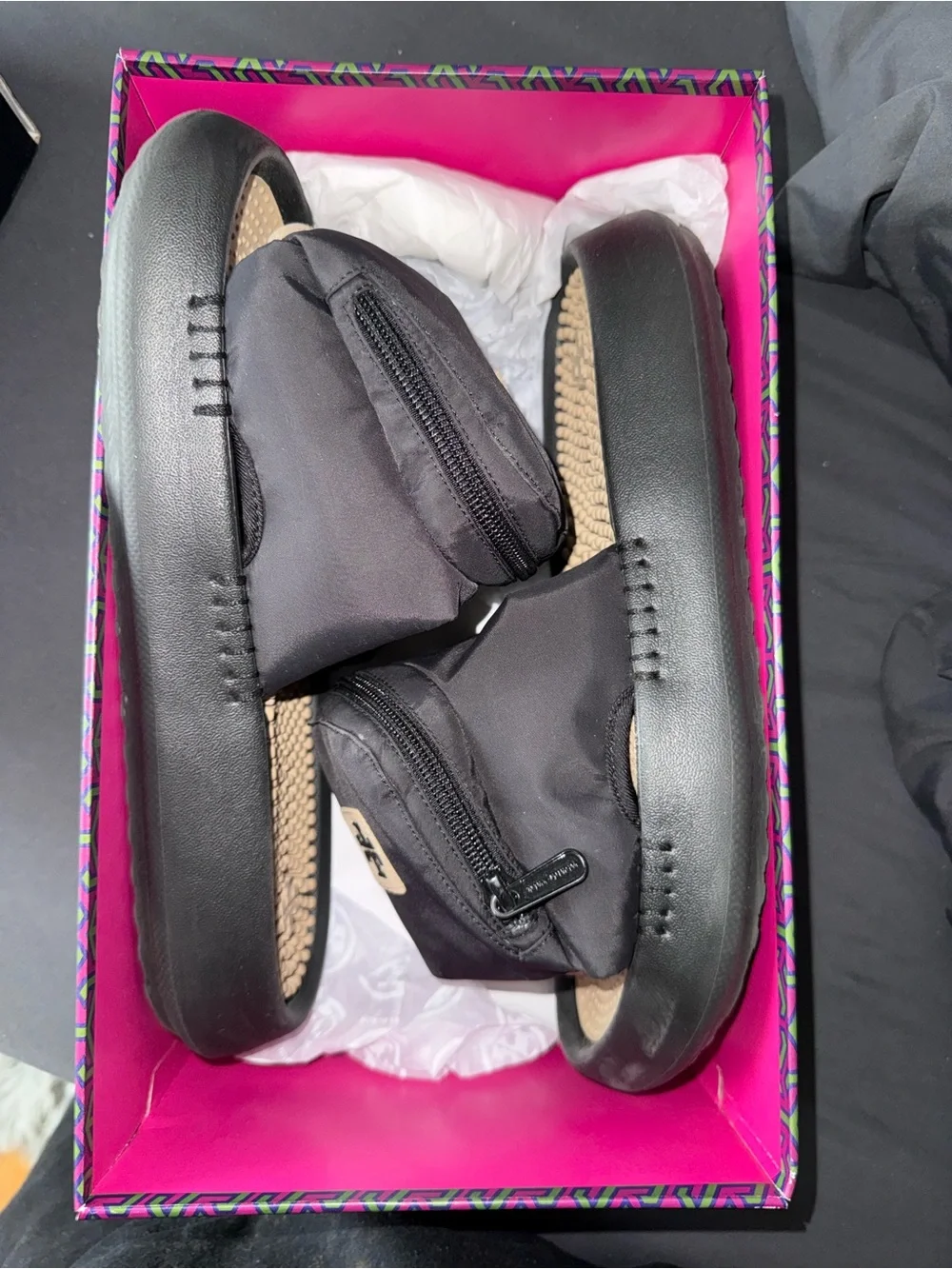 Tory Burch Black Nylon Slide Sandals with Gold Logo Patch